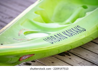 Chicago, IL - September 19, 2022: Close Up With Shallow Focus For Effect On The K In Urban Kayaks, Of A Kayak For Rent Downtown, In The Loop.