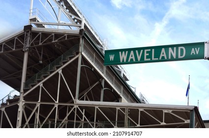 CHICAGO, IL - USA - 8-09-2017: Wrigley Field in Chicago, home of the Chicago Cubs, showing the Waveland Ave street sign