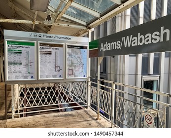 Chicago, IL / USA - 8/15/19: Transit Information Sign, Map And Train Stops Set Up On Station Platform At The Adams/Wabash Station In Chicago Loop .