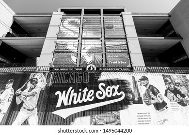 CHICAGO, IL, USA - AUGUST 23, 2019: The exterior of the MLB's Chicago White Sox's Guaranteed Rate Field. The baseball stadium has had many name changes over the years but is best known for Comisky.