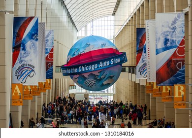 Chicago, IL, USA - February 10, 2019: Shot Of The Welcome To The Chicago Auto Show Ball. 