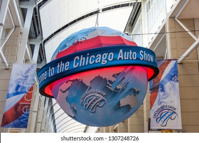 Chicago, IL, USA - February 7, 2019: Shot Of The Welcome To The Chicago Auto Show Ball. 