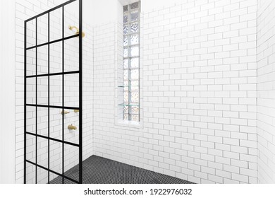 CHICAGO, IL, USA - JULY 13, 2019: A Black French Linea Toulon Frameless Shower Screen With White Subway Tiles On The Walls, Black Circular Tiles On The Floor, And Glass Block Windows With Shelves.