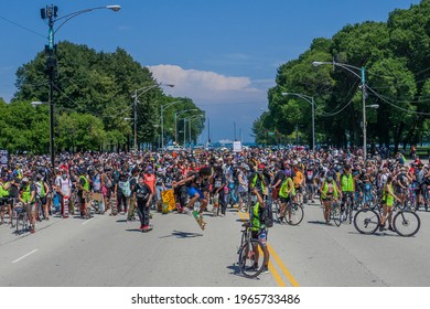 Chicago, IL, USA, July 4th, 2020 - Chicago BLM Black Lives Matter George Floyd Protests No Brakes Bicycle Rally March