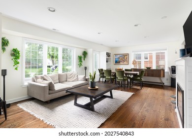 CHICAGO, IL, USA - JUNE 28, 2021: A Farmhouse Style Living And Dining Room With Hardwood Floors, Cozy Furniture, Shiplap Fireplace, And Plants.