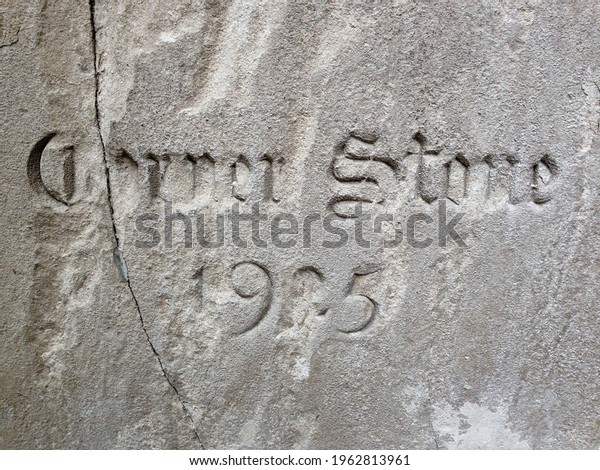 CHICAGO, IL, USA - JUNE 29\
2013: Corner  Stone from Tribune Tower, laid in 1925 in wall of\
Tribune Tower.