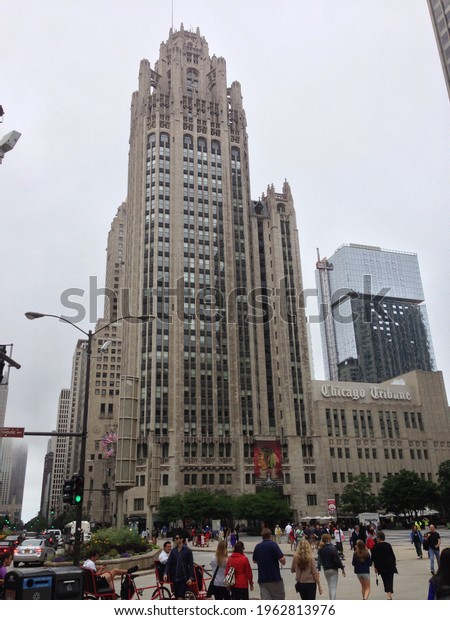 CHICAGO, IL, USA - JUNE 29 2013:
The Tribune Tower,  470 feet, 36 floor neo-Gothic skyscraper,
completed in 1925, on North Michigan Avenue. Also home to WGN
radio.