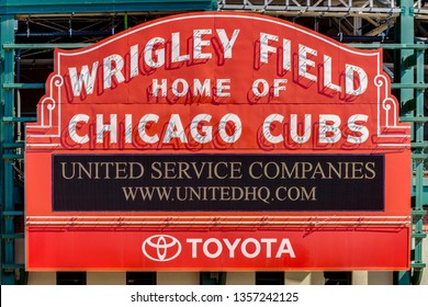 CHICAGO, IL, USA - MARCH 25, 2019: Major League Baseball's Chicago Cubs' Wrigley Field stadium sign with a sponsor message from United Service Companies on the marquee.