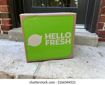 Chicago, IL, USA - May 25 2022: Hello Fresh Subscription Meal Kit Delivery Box Arrives At The Doorstep.