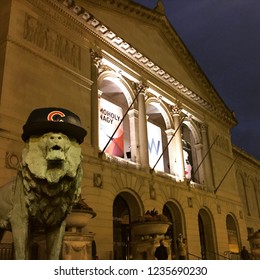 Chicago, IL / USA - November 8 2016: The Lion Statues Outside The Art Institute Of Chicago Don Cubs Hats In Celebration Of Their World Series Championship Win