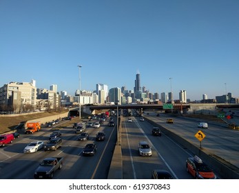 CHICAGO, IL, USA-February 22, 2017. Chicago Skyline And Kennedy Expressway At Ogden Avenue. 