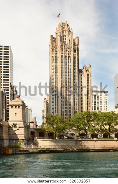 CHICAGO, ILLINOIS - AUGUST 22,\
2015: Tribune Tower. Completed in 1925 in the Gothic style, the\
Tribune Tower is one of the most recognizable buildings in\
Chicago.