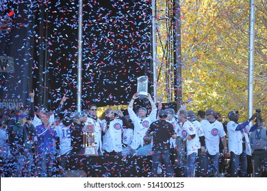 CHICAGO, ILLINOIS -- The Chicago Cubs celebrate their Wold Series victory for the first time in 108 years with an historic ticker tape parade and rally, November 4, 2016.