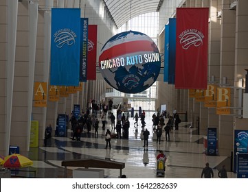CHICAGO, ILLINOIS - February 8, 2020: Big colorful welcoming ball displayed in the hallway of McCormick Place at the annual Chicago Auto Show 