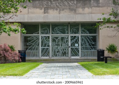 CHICAGO, ILLINOIS - JUNE 28, 2019: The Phoenix Logo Of The University Of Chicago On An Entrance Door To The Harris Law School