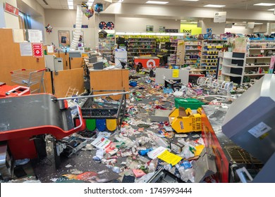 CHICAGO, ILLINOIS - MAY 31, 2020: CVS Pharmacy store interior destroyed by the protesters after nights of riots, looting and chaos in Downtown Chicago