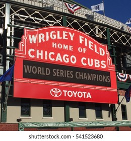 Chicago, Illinois - November 6, 2016 -Wrigley Field Marquee announcing the 2016 World Series Championship victory by the Chicago Cubs baseball team.