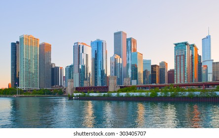 Chicago Illinois Skyline At Sunset 