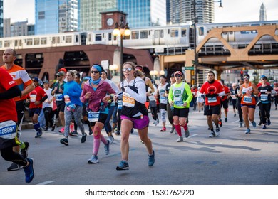 CHICAGO, ILLINOIS / UNITED STATES - 12 October 2019: Runners Compete In The Chicago Marathon. The Event Is One Of The Six World Marathon Majors.