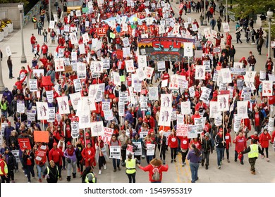 CHICAGO, ILLINOIS / UNITED STATES - 17 OCTOBER 2019:  SEIU members and Chicago Teachers Union members protest during a rally and march on the first day of a teacher strike.