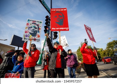 CHICAGO, ILLINOIS / UNITED STATES - 18 OCTOBER 2019:  SEIU Members And Chicago Teachers Union Members Picket During The Second Day Of A Teacher Strike.