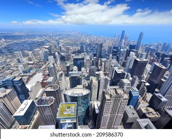 Chicago, Illinois In The United States. City Skyline With Lake Michigan. Fish Eye Lens View.