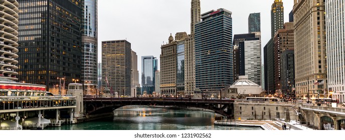 Chicago, Illinois / United States - December 21, 2016:  Panoramic Images Of The The City Of Chicago And Chicago River