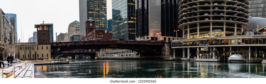 Chicago, Illinois / United States - December 21, 2016:  Panoramic Images Of The The City Of Chicago And Chicago River