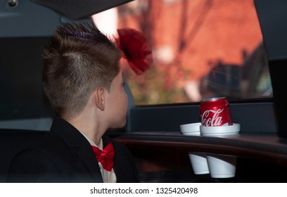 Chicago Illinois/ United States December 16th 2016:  Young Girl Is Having Her Quinceanera Celebration As A Young Man Looking Out Of The Car