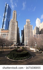 Chicago, Illinois, USA - 12.25.2019: Skyscrapers At Empty East Madison Street Viewed From Millenium Park On Christmas Morning