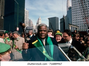 Chicago Illinois, USA, 17th March, 1987
Chicago Mayor Harold Washington Shakes His Shillelagh During The Annual St. Patricks Day Parade On Streets Of The Downtown Loop Area Of The WIndy City
