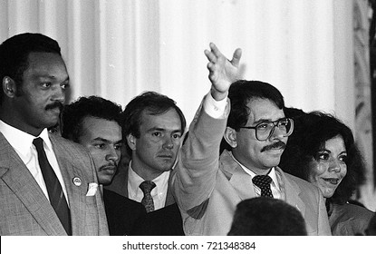 Chicago Illinois, USA, 2nd August, 1986
Nicaraguan President Daniel Ortega Speaks To The Crowd Gathered At Operation  Push. His Wife Rosario Murillo Who Is A Polyglot Translates For Him. 