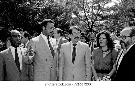 Chicago Illinois, USA, 2nd August, 1986
Nicaraguan President Daniel Ortega His Wife Rosario Murillo  With The Reverend Jesse Jackson Outside Operation Push Headquarters.