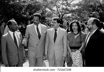 Chicago Illinois, USA, 2nd August, 1986
Nicaraguan President Daniel Ortega His Wife Rosario Murillo  With The Reverend Jesse Jackson Outside Operation Push Headquarters.