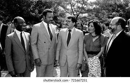 Chicago Illinois, USA, 2nd August, 1986
Nicaraguan President Daniel Ortega His Wife Rosario Murillo  With The Reverend Jesse Jackson Outside Operation Push Headquarters.