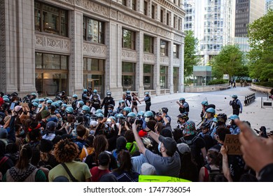 Chicago, Illinois / USA -5/30/2020: Protest For George Floyd, Protesters Clash With Police In Tense Confrontation.