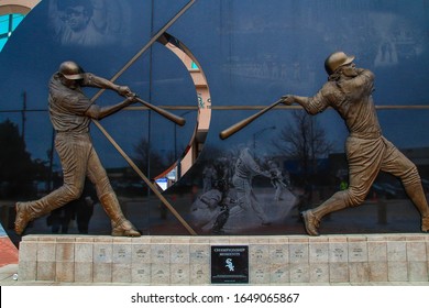  CHICAGO, ILLINOIS /USA - APRIL 12, 2015:  Julie Rotblatt-Amrany and Omri Amrany’s ‘Championship Moments’ monument stands outside Guaranteed Rate Field, home of the Chicago White Sox baseball team.
