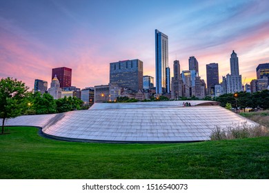 Chicago, Illinois, USA - Aug 15, 2019: City View With BP Pedestrian Bridge At Sunset