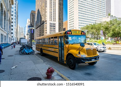 Chicago, Illinois, USA - Aug 15, 2019: Yellow School Bus