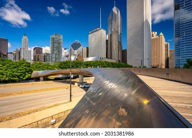 Chicago, Illinois, USA - Aug 15, 2019: City View With BP Pedestrian Bridge