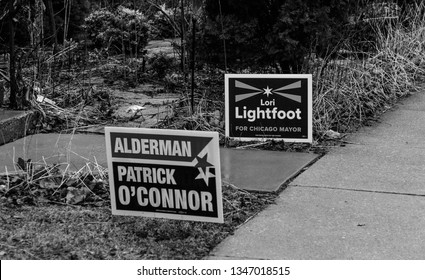 Chicago, Illinois, Usa - Circa March 2019: Ward 40 Alderman Runoff Yard Signs Patrick O'Connor And Mayoral Yard Sign For Lori Lightfoot