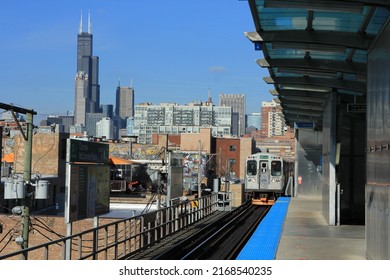 Chicago, Illinois, USA - December 2020: Chicago Public Transportation And Landmarks.