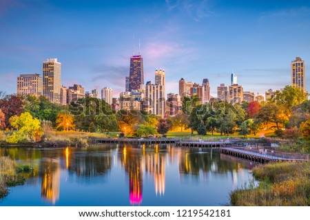 Chicago, Illinois, USA downtown skyline from Lincoln Park at twilight.