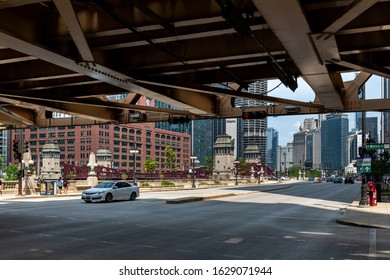 CHICAGO, ILLINOIS, U.S.A - JULY 06, 2019: Empty Chicago Street In The Downtown Area. Chicago Is The 3rd Most Populous US City (8.7 Million In Its Urban Area).