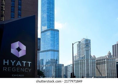 Chicago, Illinois, USA, July 1, 2022.  Architecture Of Downtown Chicago. Hyatt Regency Chicago Hotel Sign.