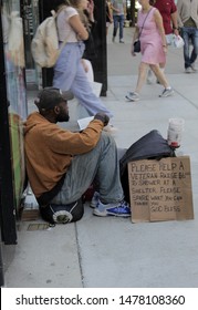 Chicago, Illinois / USA - July 30, 2019:  An increase of homeless Veterans (needing help) can be seen on the streets in Chicago, Illinois 
