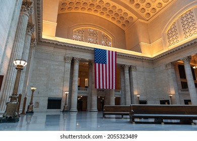 Chicago, Illinois USA - June 11 2021: 
The Great Hall Empty at Chicago Union Station with an American Flag