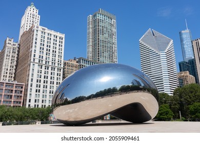 Chicago, Illinois USA - June 11 2021: Cloud Gate Sculpture at Millennium Park in Chicago with No People