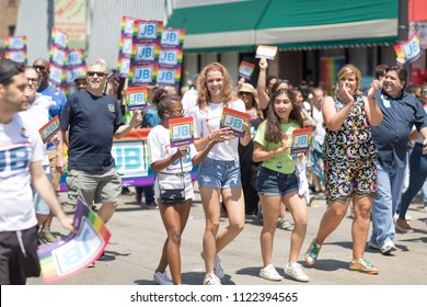 Chicago, Illinois, USA - June 24, 2018 People Promoting J. B. Pritzker For Governor During The LGBTQ Pride Parade In Chicago