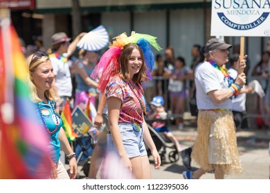 Chicago, Illinois, USA - June 24, 2018 People Promoting Susana Mendoza During The LGBTQ Pride Parade In Chicago